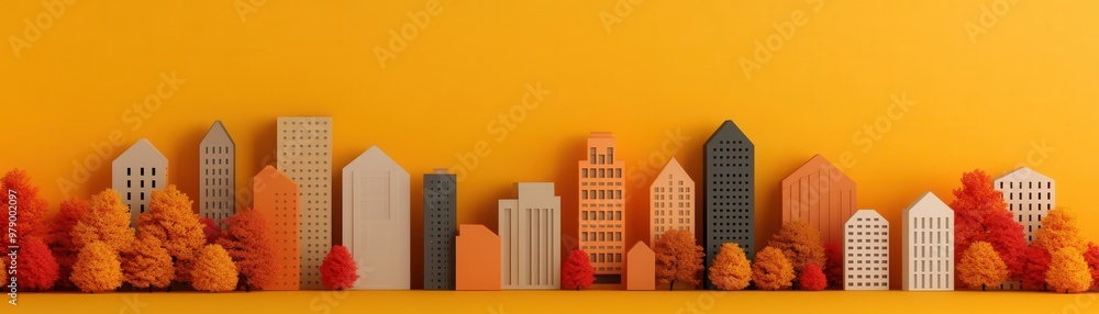 A colorful city skyline with vibrant autumn trees against a bright yellow background, showcasing architecture and seasonal beauty. A colorful city skyline with vibrant autumn trees against a bright yellow background, showcasing architecture and seasonal beauty.