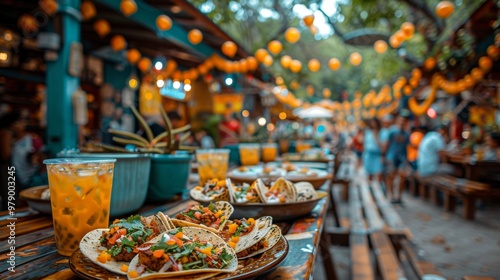 Hispanic Heritage Month . A lively scene of a Hispanic festival, with colorful decorations, traditional music and dance performances, and people enjoying delicious food and drinks.