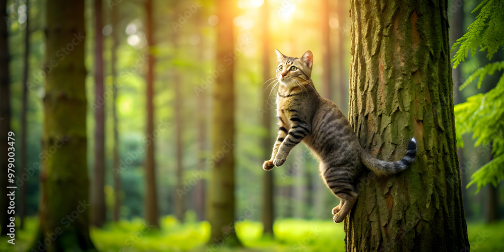 Fototapeta premium Cat climbing a tall tree in a lush forest, cat, tree, forest, nature, outdoors, wildlife, climbing, adventure, feline, green, leaves