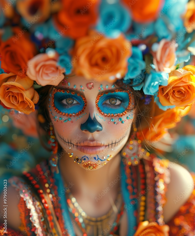 Dia de los Muerto, Mexican holiday. a woman with sugar skull face, roses and blue hair, day of the dead style, digital art, digital painting, red orange white cyan blue color palette, Dia de los Muerto, Mexican holiday. a woman with sugar skull face, roses and blue hair, day of the dead style, digital art, digital painting, red orange white cyan blue color palette,