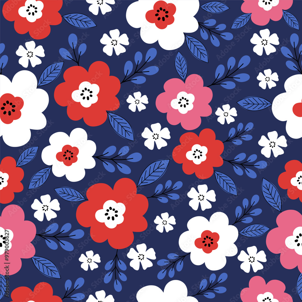 Seamless pattern with red, white and pink flower blossom garden on dark blue background. Cute hand drawn floral pattern for your fabric, summer background, wallpaper, textile. Seamless pattern with red, white and pink flower blossom garden on dark blue background. Cute hand drawn floral pattern for your fabric, summer background, wallpaper, textile.