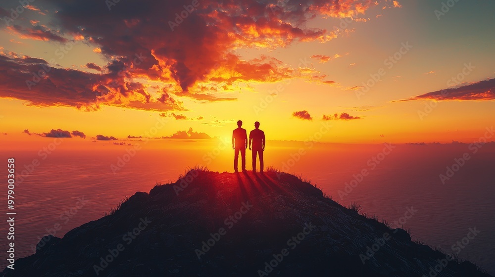 Two Silhouettes Standing on Mountaintop at Sunset Two Silhouettes Standing on Mountaintop at Sunset