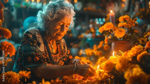 Dia de los Muertos, Mexican holiday. woman's hands gently placing a framed photo of her beloved grandmother on the ofrenda altar, her eyes filled with love and remembrance