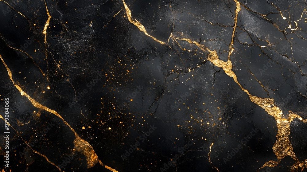 Glossy black marble surface adorned with bold gold veins running through Glossy black marble surface adorned with bold gold veins running through