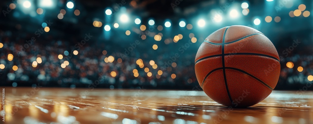 A vibrant basketball on the court, illuminated by stadium lights, captures the spirit of competition and sportsmanship. A vibrant basketball on the court, illuminated by stadium lights, captures the spirit of competition and sportsmanship.