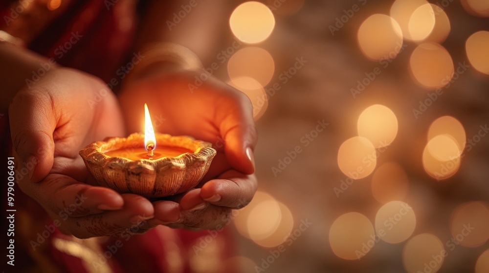 Hands holding a traditional Diya lamp with a glowing flame, symbolizing celebration and spirituality, with bokeh lights in the background
Concept: diya lamp, Indian tradition, celebration, spirituali Hands holding a traditional Diya lamp with a glowing flame, symbolizing celebration and spirituality, with bokeh lights in the background
Concept: diya lamp, Indian tradition, celebration, spirituali