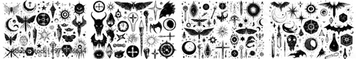 An occult symbols doodle set, including spiritual eyes, snakes, crystals, insects, and symbolic symbols for occultism.