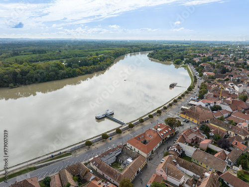 European flood aerial view: Szentendre (Hungary) mobile flood protection walls defend.