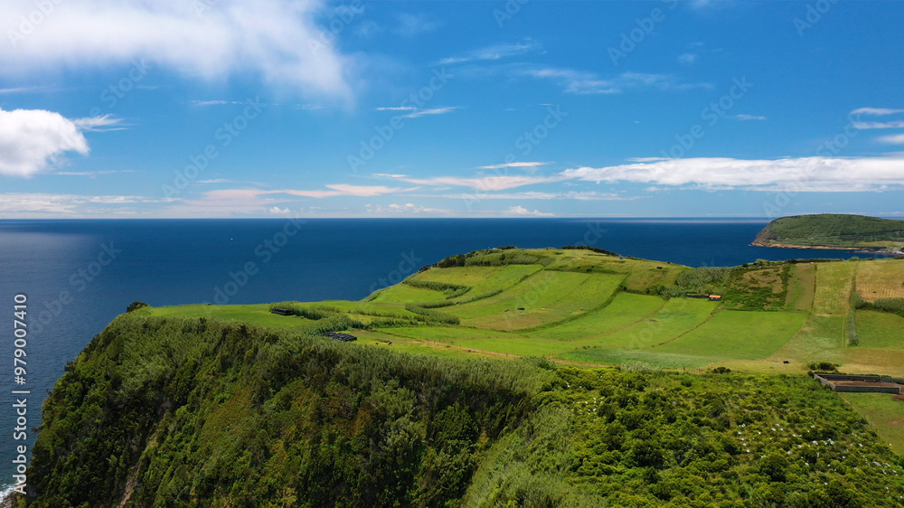 Aerial view of beautiful cliffs and lush fields overlooking the serene ocean, Horta, Azores, Portugal. Aerial view of beautiful cliffs and lush fields overlooking the serene ocean, Horta, Azores, Portugal.