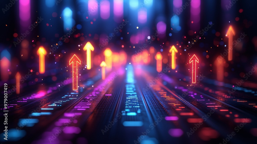 Digital background featuring glowing arrows pointing upwards on digital charts, representing business growth and technology development. Digital background featuring glowing arrows pointing upwards on digital charts, representing business growth and technology development.