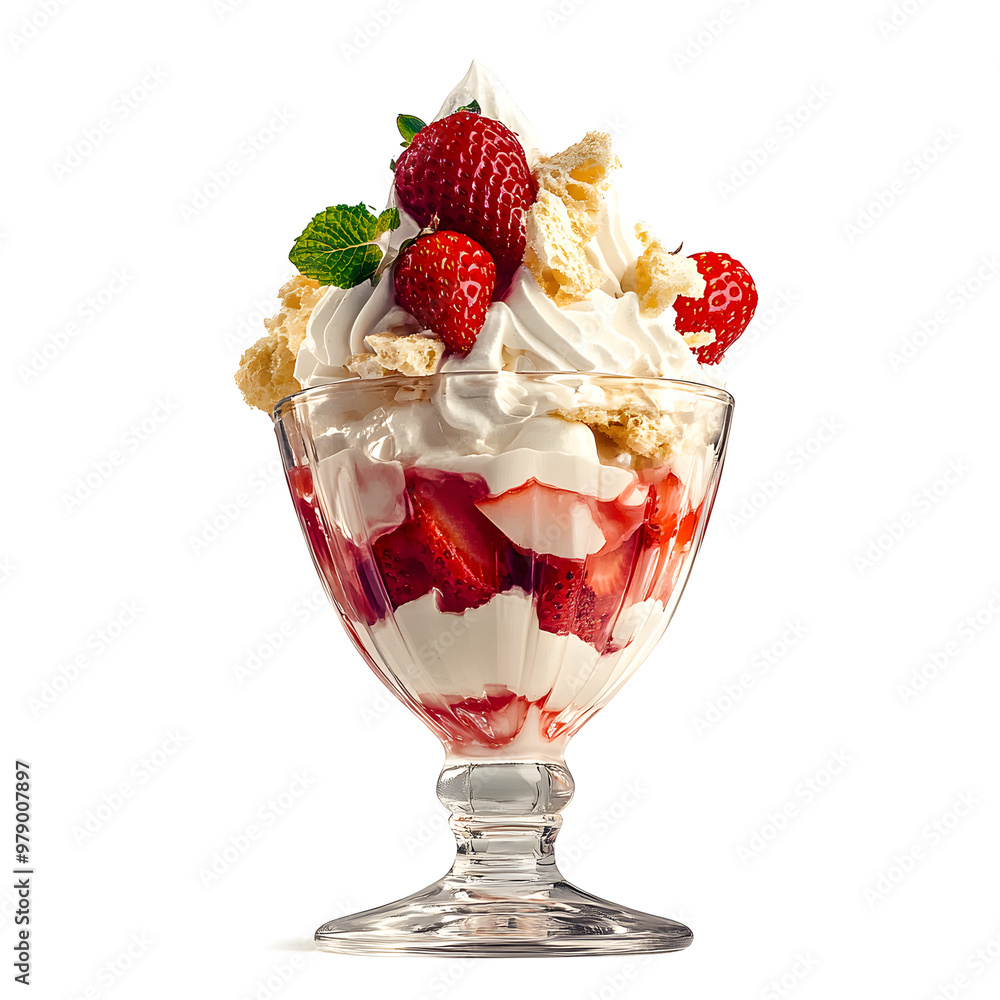 front view of Eton Mess with a delightful mix of strawberries, meringue, and whipped cream, served in a classic British dessert glass, isolated on a white transparent background front view of Eton Mess with a delightful mix of strawberries, meringue, and whipped cream, served in a classic British dessert glass, isolated on a white transparent background