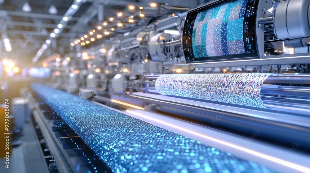 Modern Textile Production Line with Blue Fabric and Digital Display Modern Textile Production Line with Blue Fabric and Digital Display