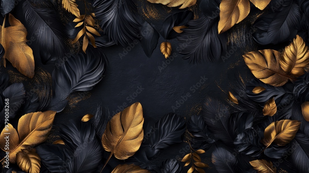 3D wallpaper with a background of golden leaves, in a luxurious style. 3D wallpaper with a background of golden leaves, in a luxurious style.