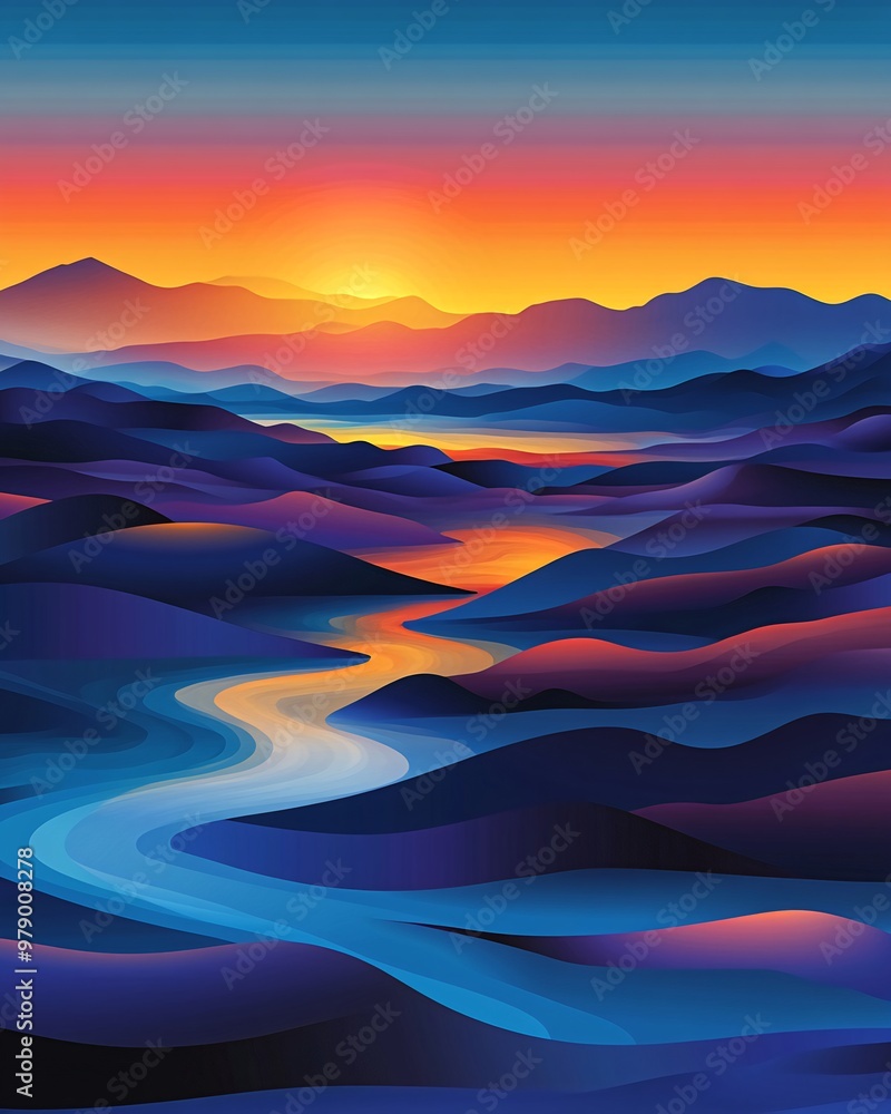 A vibrant sunset over a winding river in a mountain valley. A vibrant sunset over a winding river in a mountain valley.