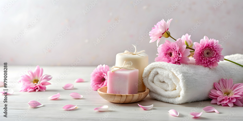 Minimalist spa day with soap, towel, and pink flowers , relaxation, wellness, tranquility, bath, beauty, clean, therapy Minimalist spa day with soap, towel, and pink flowers , relaxation, wellness, tranquility, bath, beauty, clean, therapy