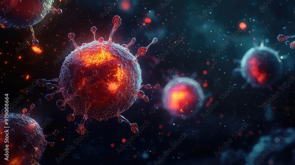 Stunning depiction of viruses in a dynamic, colorful environment, showcasing intricate details of microbial life in vibrant colors. Stunning depiction of viruses in a dynamic, colorful environment, showcasing intricate details of microbial life in vibrant colors.