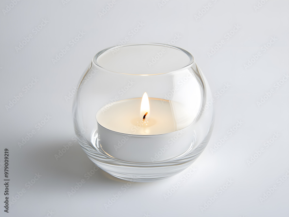 Small white candle burning inside a clear glass holder mock up isolated on white background Small white candle burning inside a clear glass holder mock up isolated on white background