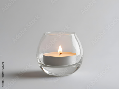 Small white candle burning inside a clear glass holder mock up isolated on white background