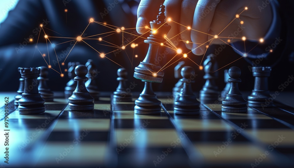 Strategic Business Planning With Chess King Move On Board And Digital Network Connection Strategic Business Planning With Chess King Move On Board And Digital Network Connection
