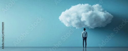 A person standing contemplatively under a large cloud on a blue background, symbolizing imagination and creativity. photo