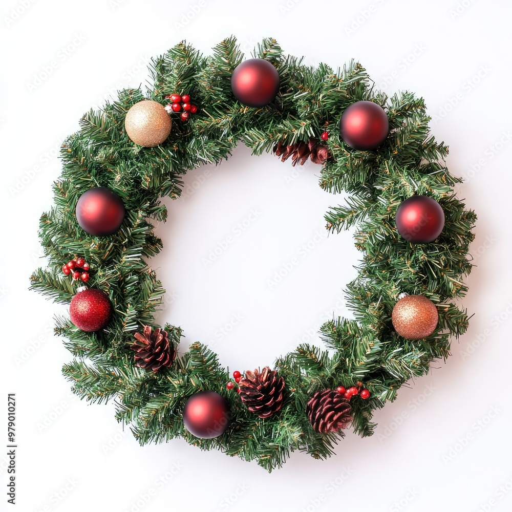 Round Christmas Wreath Decorated with Christmas Balls and Cones, Isolated on White Background Round Christmas Wreath Decorated with Christmas Balls and Cones, Isolated on White Background