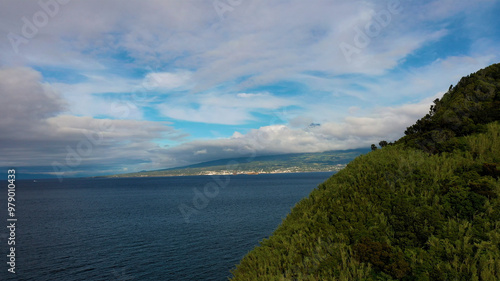 Aerial view of the picturesque island of Faial with lush greenery and tranquil ocean, Castelo Branco, Portugal. photo