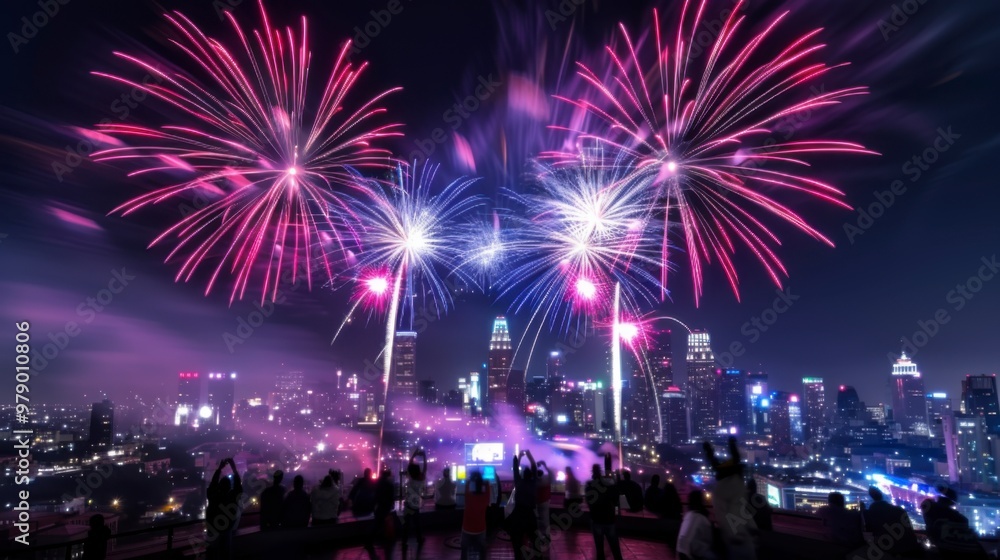 Midnight New Year's Eve Celebration in Stylish Modern City: Vibrant Atmosphere Midnight New Year's Eve Celebration in Stylish Modern City: Vibrant Atmosphere