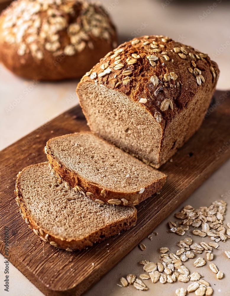 freshly baked whole grain bread topped with oats sliced on a wooden board in a cozy kitchen freshly baked whole grain bread topped with oats sliced on a wooden board in a cozy kitchen