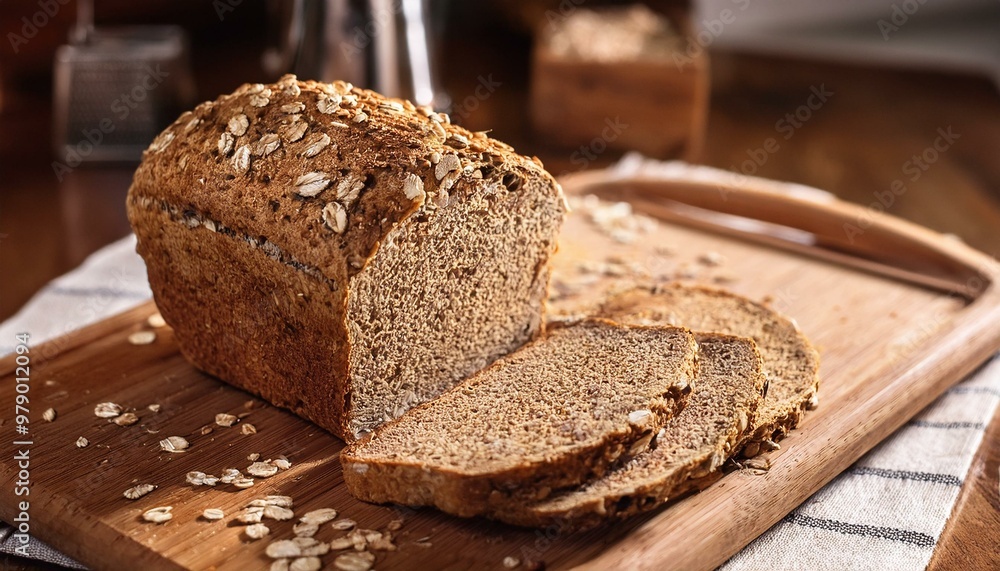 freshly baked whole grain bread topped with oats sliced on a wooden board in a cozy kitchen freshly baked whole grain bread topped with oats sliced on a wooden board in a cozy kitchen