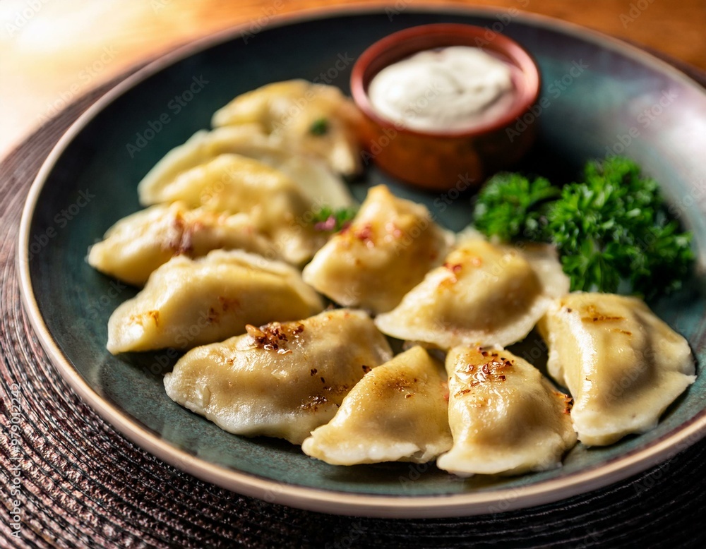 Close-up of a plate of traditional Polish pierogi filled with cheese and potatoes, garnished - traditional polish food Close-up of a plate of traditional Polish pierogi filled with cheese and potatoes, garnished - traditional polish food