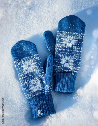 Cozy winter accessories featuring knitted mittens and scarf with snowflake patterns