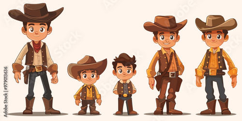 A group of young men in cowboy hats and clothing. The men are standing in a row, with the tallest man in the middle and the shortest man on the far right