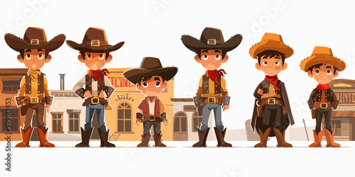 A group of young men dressed in cowboy attire stand in a line. They are all wearing hats and holding guns. The scene takes place in a town with a building in the background. Scene is one of adventure