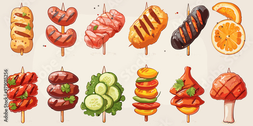 A collection of food items, including hot dogs, grilled vegetables, and oranges, are displayed in a row