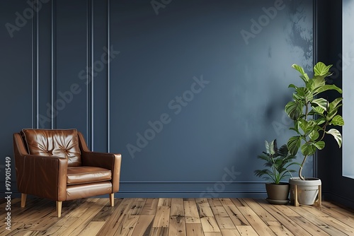 Modern interior of living room with leather armchair on wood flooring and dark blue wall