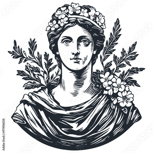 A classical bust of a woman adorned with flowers, depicted in an intricate engraving style, vector illustration.