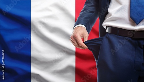 Close-up of a hand in a suit showing an empty pair of trousers in front of the france flag. Topic Crisis and unemployment in france.