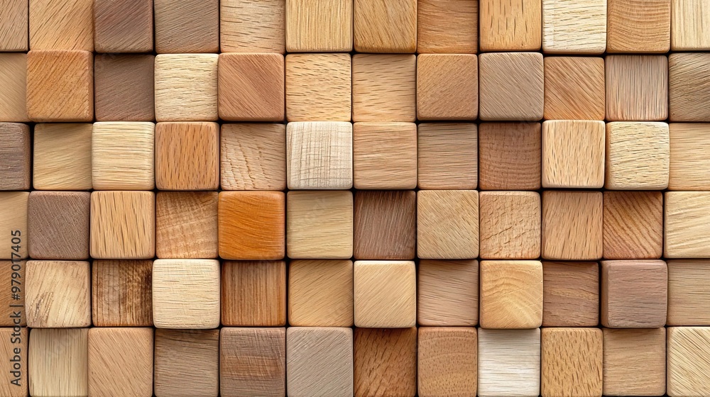 Close-up of a wall made of wooden blocks in various shades of brown. Close-up of a wall made of wooden blocks in various shades of brown.