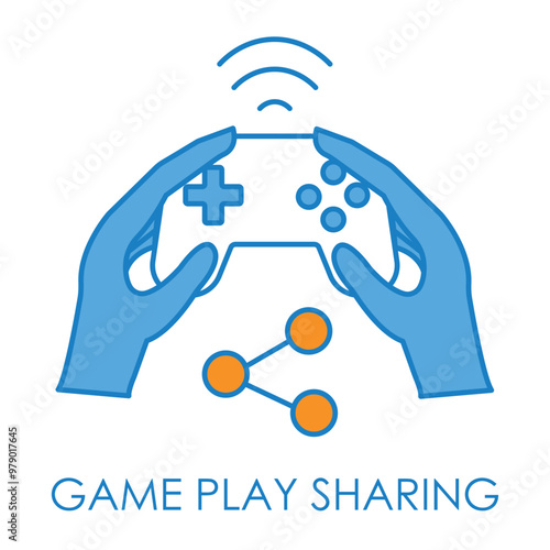 Vector icon for game play sharing. Depicts a video game controller and wireless signals, representing the ability to share gameplay across devices.