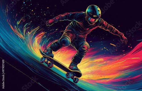 Illustration of an extreme skateboarder in motion, carving through the air with explosive trails of fire and light.. photo