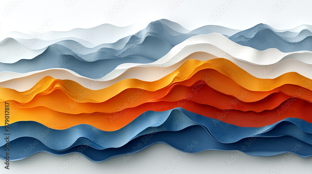 Colorful layered paper art depicting abstract mountains in blue, white, orange, and yellow tones, creating a stunning visual effect. Colorful layered paper art depicting abstract mountains in blue, white, orange, and yellow tones, creating a stunning visual effect.