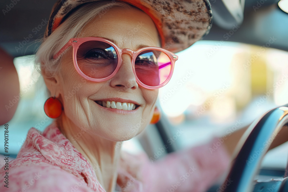 Smiling senior woman driving a car wearing pink sunglasses Smiling senior woman driving a car wearing pink sunglasses