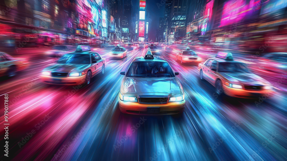Fototapeta premium Futuristic neon-lit city, speeding taxi, motion blur, night, vibrant urban scene, cyberpunk style