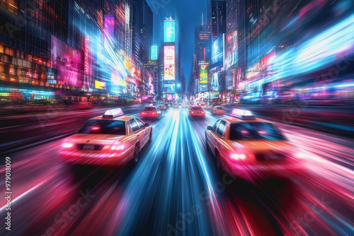 Futuristic neon-lit city, speeding taxi, motion blur, night, vibrant urban scene, cyberpunk style