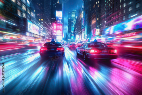 Futuristic neon-lit city, speeding taxi, motion blur, night, vibrant urban scene, cyberpunk style