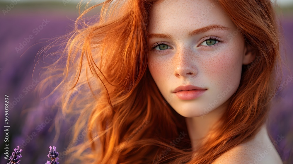 Fototapeta premium A young woman with flowing red hair, her emerald green eyes contrasting the endless purple of lavender fields, soft breeze adding movement to the scene