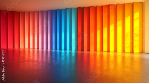 Vibrant, colorful interior showcasing a gradient wall design. Perfect for modern art or creative space themes. photo