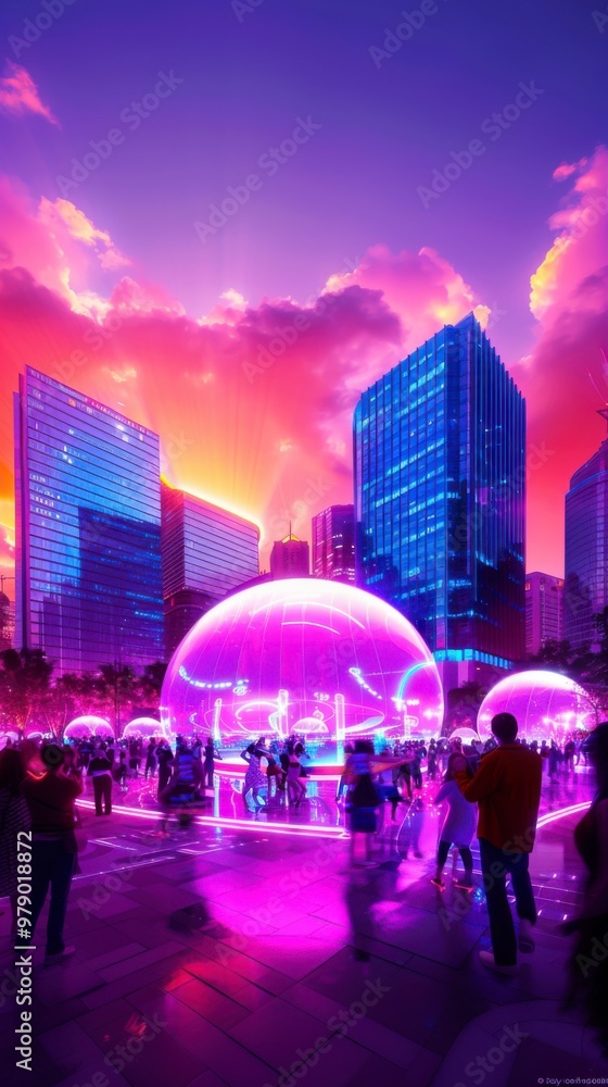 Obraz premium Futuristic New Year's Celebration in 2025: Interactive Installations, Electronic Dance