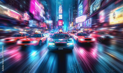 Futuristic neon-lit city, speeding taxi, motion blur, night, vibrant urban scene, cyberpunk style