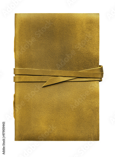 Old worn yellow leather notebook isolated on transparent background